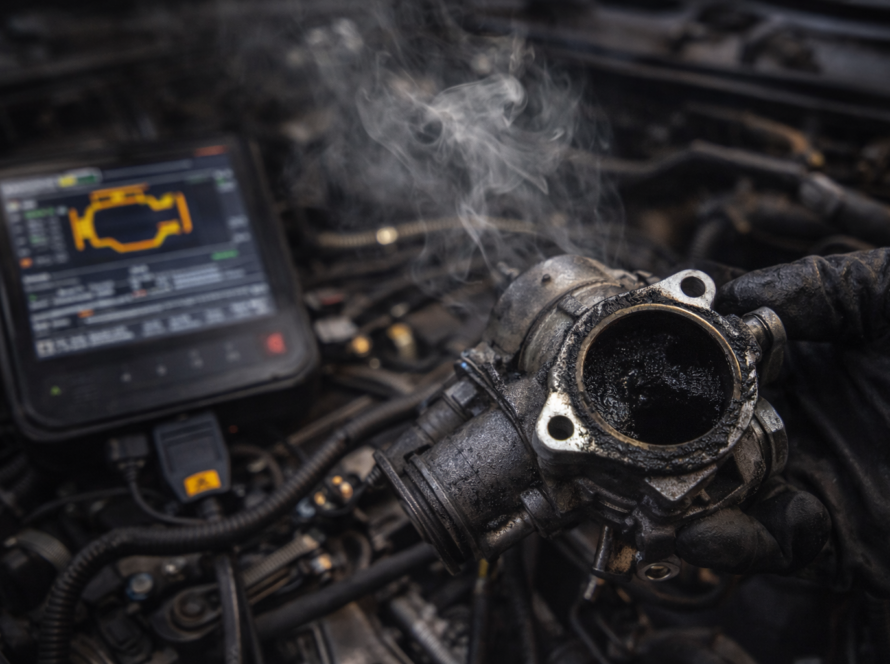 EGR klep vervuild met roet en diagnose van DPF en OPF systeem met uitleesapparatuur